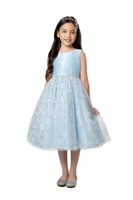 Light Blue Satin Bodice Dress with Sequin Diamond Tulle Skirt