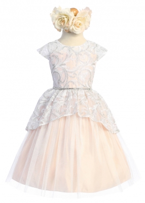 Blush Cap Sleeve Lace Peplum Dress with Satin and Tulle