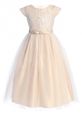 Blush Cap Sleeve Satin and Tulle Dress with Sequin Lace Bodice