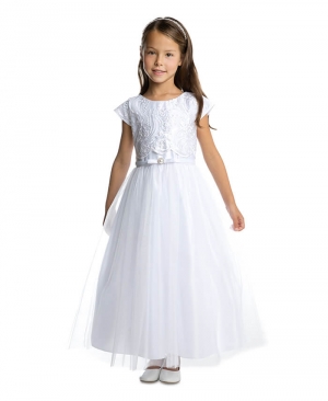 White Cap Sleeve Satin and Tulle Dress with Sequin Lace Bodice