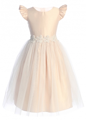 Blush Satin and Tulle Flutter Sleeve Dress with Beaded Floral Patch Waist