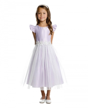 Lilac Satin and Tulle Flutter Sleeve Dress with Beaded Floral Patch Waist