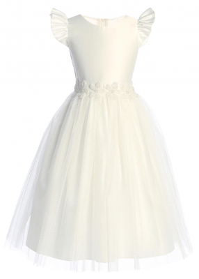 Off White Satin and Tulle Flutter Sleeve Dress with Beaded Floral Patch Waist