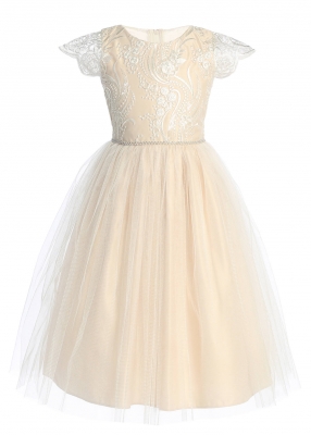 Champagne Cap Sleeve Satin and Crystal Tulle Dress with Sequin Lace