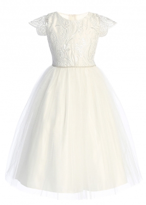 Off White Cap Sleeve Satin and Crystal Tulle Dress with Sequin Lace