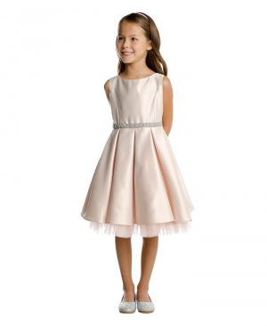 Blush Satin Pleated Dress with Peek a Boo Tulle