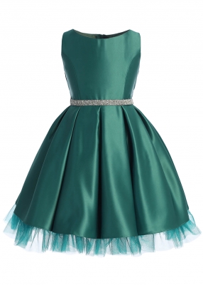 Hunter Green Satin Pleated Dress with Peek a Boo Tulle