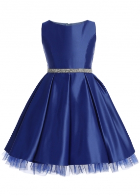 Royal Blue Satin Pleated Dress with Peek a Boo Tulle