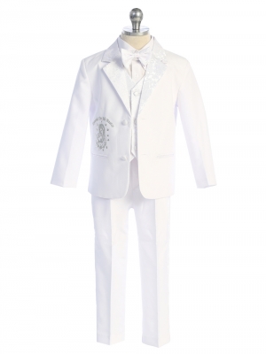 Boys Baptism Suit Style 4024 - WHITE 5 Piece Baptism Suit with Embroidered Jacket