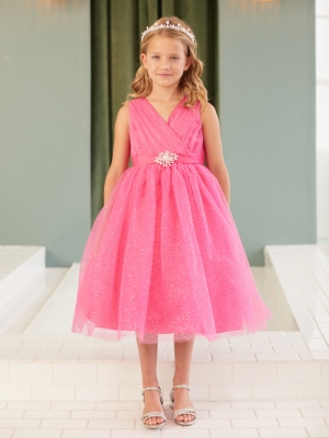 Girls Dress Style 5698 - FUCHSIA Sparkly Tulle Dress with Matching Rhinestone Sash
