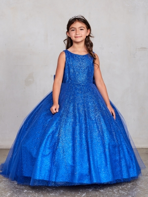 Girls Dress Style 5804 - Glitter Train Dress with Big Bow in Royal Blue