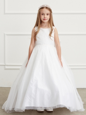 Girls Dress Style 5804 - Glitter Train Dress with Big Bow in White