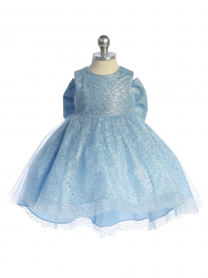 Infant Dress Style 5804 - Sky Blue Glitter Train Dress with Big Bow