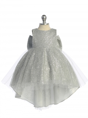 Infant Dress Style 5804 - Silver Glitter Train Dress with Big Bow