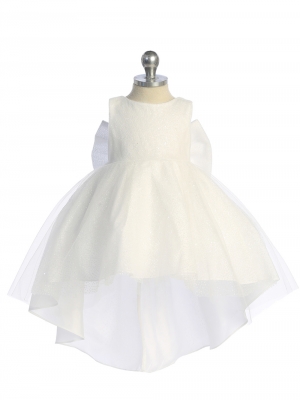 Infant Dress Style 5804 - White Glitter Train Dress with Big Bow