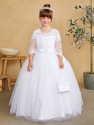 Long Sleeve Dress with Lace Illusion Bodice in Choice of Color