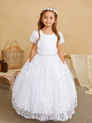 White Short Sleeve 3D Floral Overlay Dress with Rhinestone Sash
