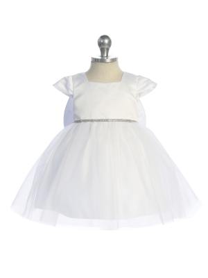 White Satin and Tulle Dress with Square Neckline and Cap Sleeves