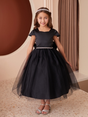 Black Satin and Tulle Dress with Square Neckline and Cap Sleeves