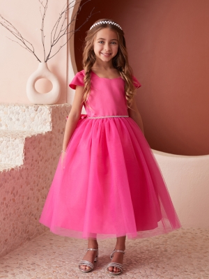 Fuchsia Satin and Tulle Dress with Square Neckline and Cap Sleeves