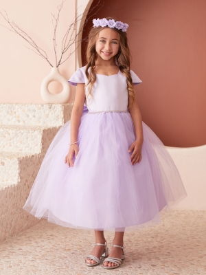 Lilac Satin and Tulle Dress with Square Neckline and Cap Sleeves