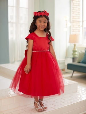 Red Satin and Tulle Dress with Square Neckline and Cap Sleeves