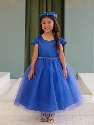 Royal Blue Satin and Tulle Dress with Square Neckline and Cap Sleeves