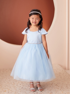 Sky Blue Satin and Tulle Dress with Square Neckline and Cap Sleeves