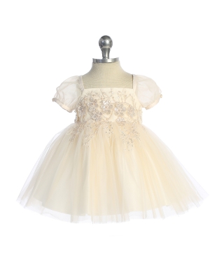 Baby Dress - Champagne Puff Sleeve Dress with Floral Embroidered Bodice