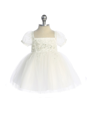 Baby Dress - Ivory Puff Sleeve Dress with Floral Embroidered Bodice