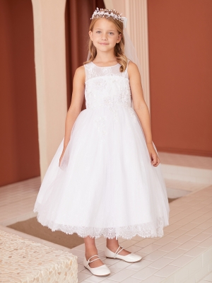 White Sleeveless Dress with Floral Bodice and Scalloped Lace Hem