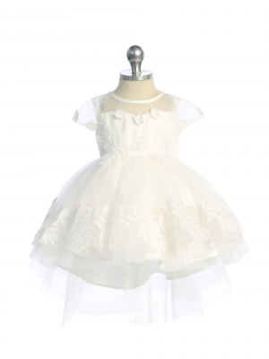 Baby Dress - Ivory Cap Sleeve Dress with Lace Applique and Train Skirt