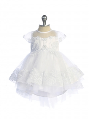 Baby Dress - White Cap Sleeve Dress with Lace Applique and Train Skirt