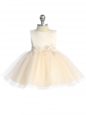 Baby Dress - Champagne Satin and Tulle Dress with Floral Applique
