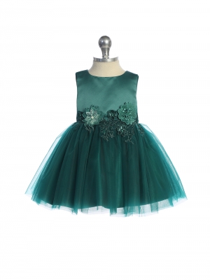 Baby Dress - Emerald Satin and Tulle Dress with Floral Applique