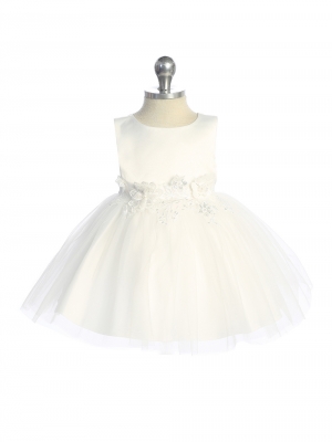 Baby Dress - Ivory Satin and Tulle Dress with Floral Applique