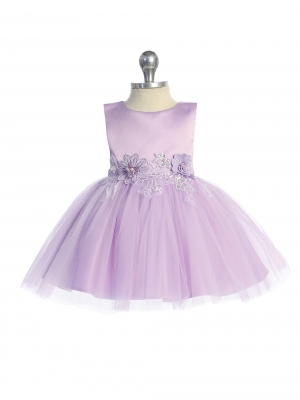 Baby Dress - Lilac Satin and Tulle Dress with Floral Applique
