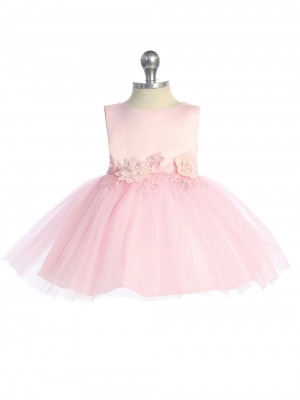 Baby Dress - Pink Satin and Tulle Dress with Floral Applique
