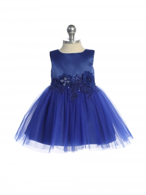 Baby Dress - Royal Blue Satin and Tulle Dress with Floral Applique