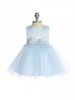 Baby Dress - Sky Blue Satin and Tulle Dress with Floral Applique