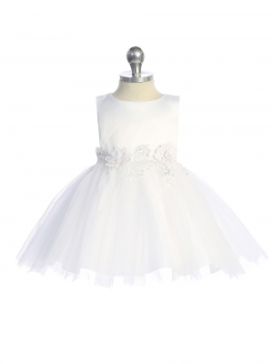 Baby Dress - White Satin and Tulle Dress with Floral Applique