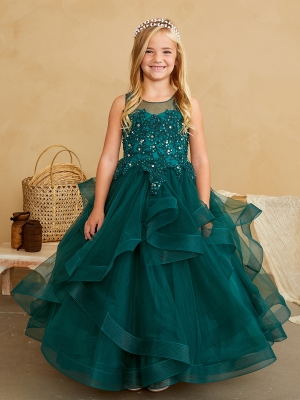 Girls Dress Style 7018 - Emerald Illusion Neckline with Horsehair Trim Skirt