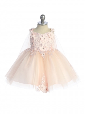 Baby Dress - Blush 3D Floral Dress with Detachable Cape
