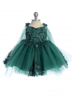 Baby Dress - Emerald 3D Floral Dress with Detachable Cape