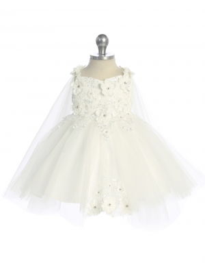Baby Dress - 3D Floral Dress with Detachable Cape in White or Ivory