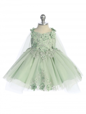 Baby Dress - Sage 3D Floral Dress with Detachable Cape