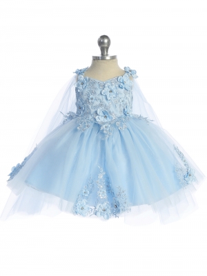 Baby Dress - Sky Blue 3D Floral Dress with Detachable Cape