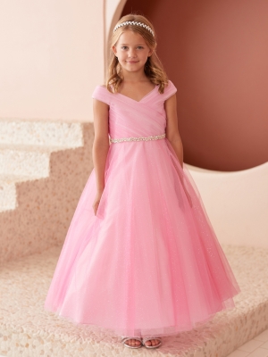 Hot Pink Off Shoulder Glitter Tulle Dress with Rhinestones on Waist