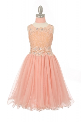 Girls Dress Style  5010 - PEACH Rhinestone Lace Dress with Peekaboo Waist