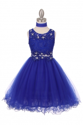 Girls Dress Style  5010 - ROYAL BLUE Rhinestone Lace Dress with Peekaboo Waist